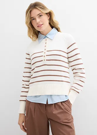 Pull 100% coton • blanc nacré-marron rayé • Boutique bonprix