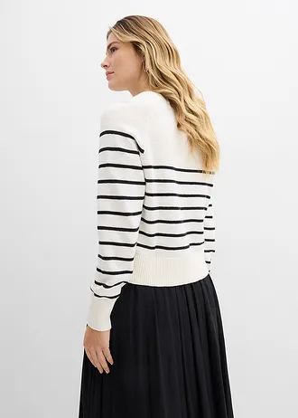 Pull 100% coton, Couleur: blanc nacré-noir rayé