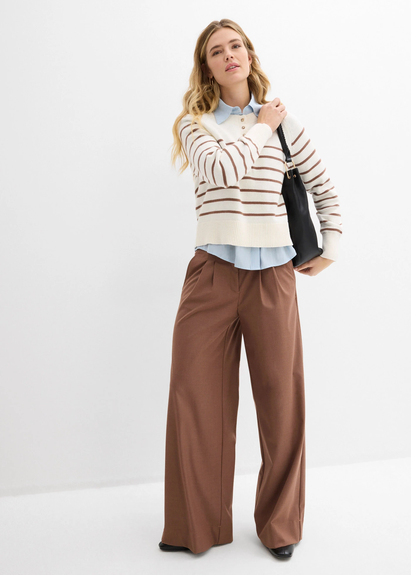 Pulover din bumbac 100% • alb perlat-maro castaniu cu dungi • magazin bonprix