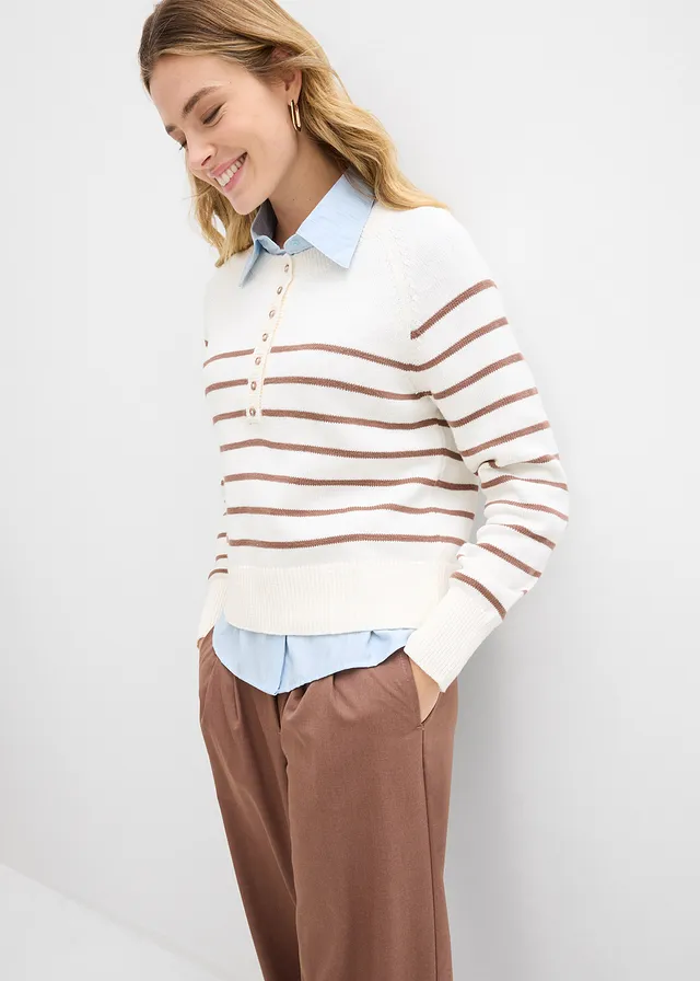 Pull 100% coton • blanc nacré-marron rayé • product-page.page-title-suffix