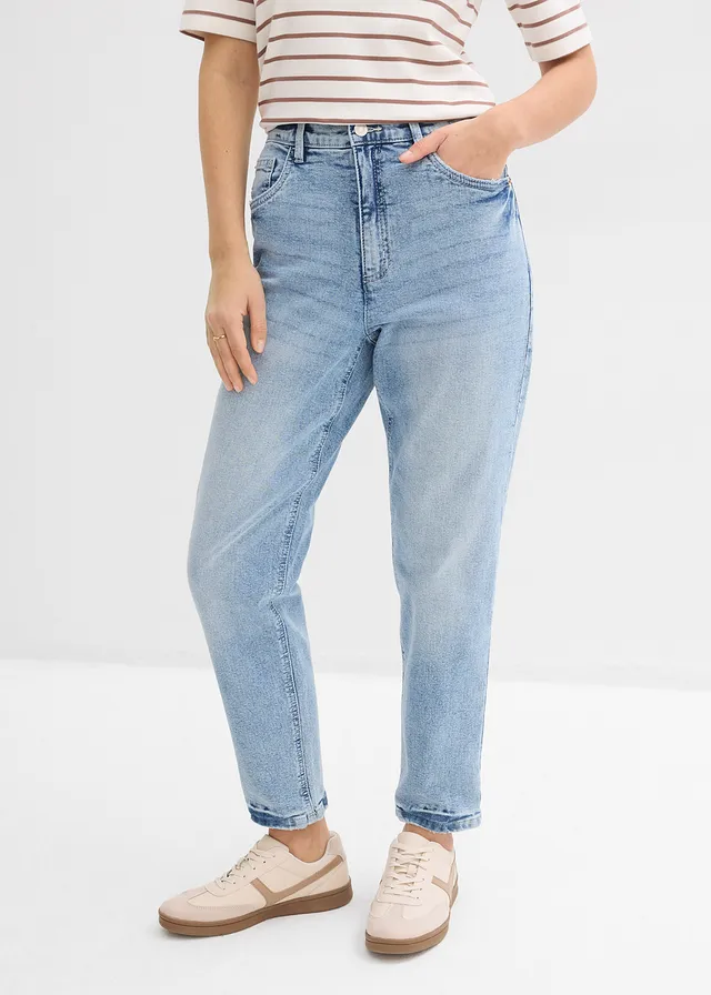 High waist mom jeans, low stretch, cropped