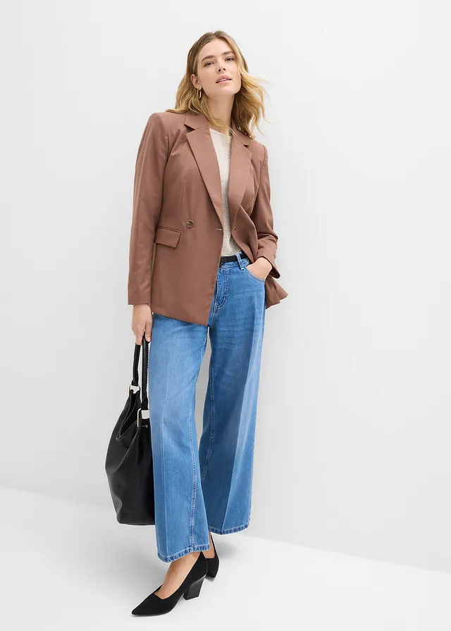 Blazer in een viscosemix wolwit-kastanjebruin geruit