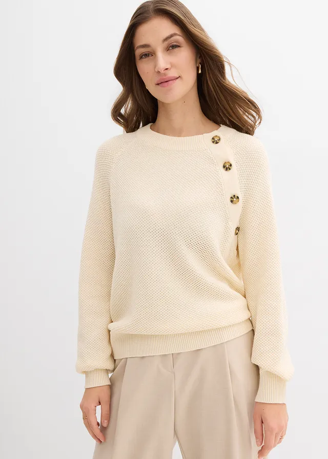 Pull en grosse maille avec patte de boutonnage, Couleur: blanc nacré