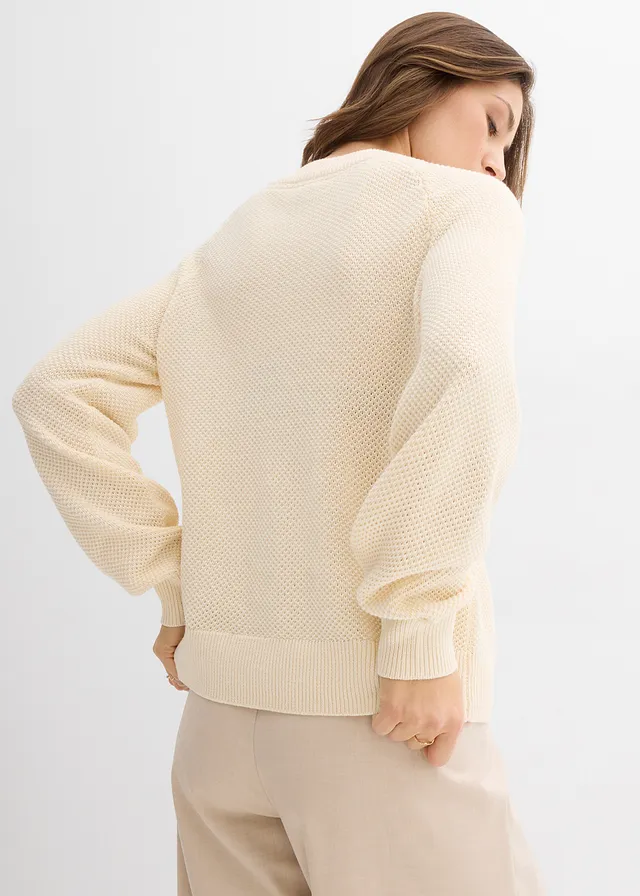 Pull en grosse maille avec patte de boutonnage, Couleur: blanc nacré