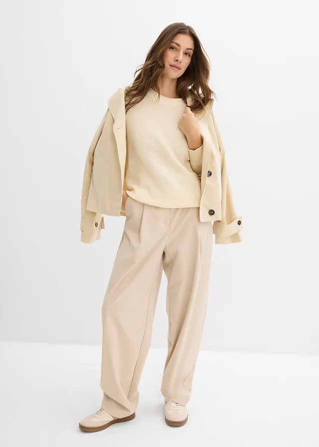Grof gebreide trui met knoopsluiting, Kleur: parelwit