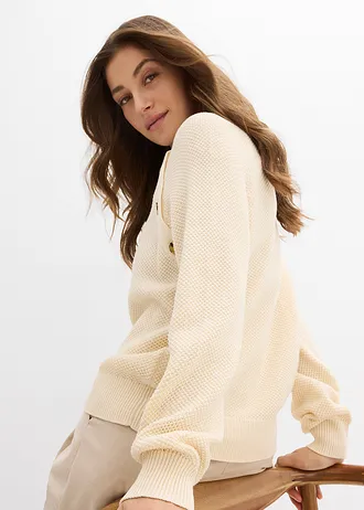 Pull en grosse maille avec patte de boutonnage • blanc nacré • Boutique bonprix