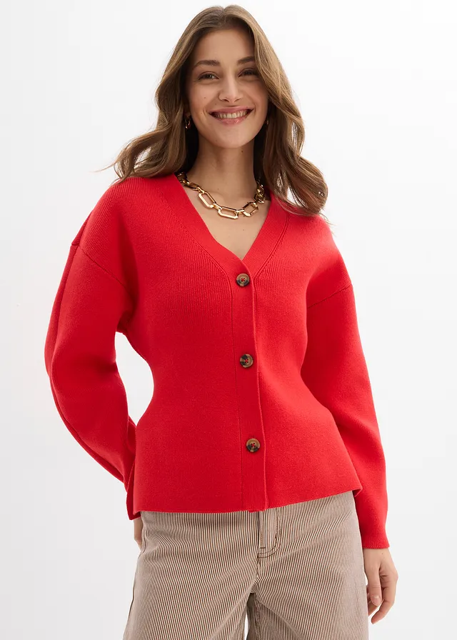 Gebreid vest in een katoenmix, Kleur: aardbeirood