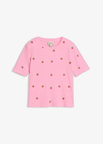 Geribd shirt met borduursel van puur biologisch katoen • roze • bonprix online shop