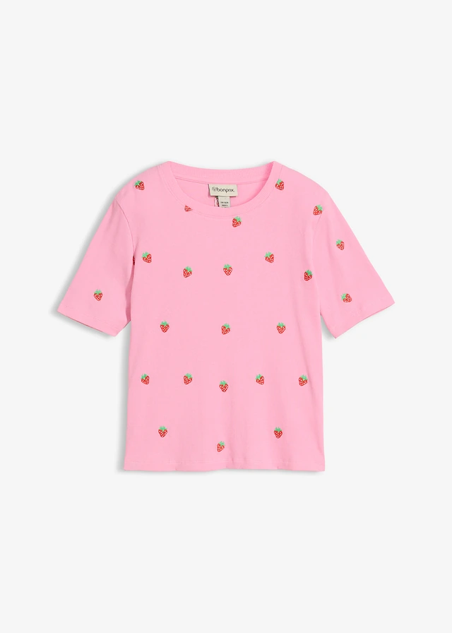 Tricou ripsat cu broderie, din bumbac organic 100% • roz • magazin bonprix