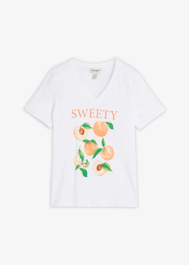 T-shirt z czystej bawełny organicznej • biały/nektarynka/zielony gruszkowy/rdzawobrązowy • sklep bonprix