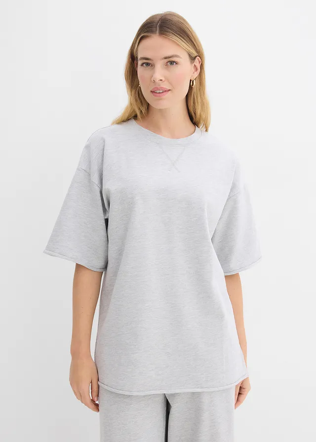 T-shirt long en sweat 100% coton, Couleur: gris clair chiné
