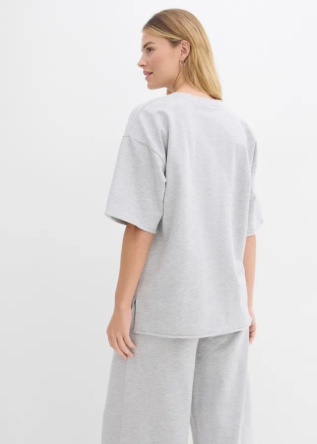 T-shirt long en sweat 100% coton, Couleur: gris clair chiné
