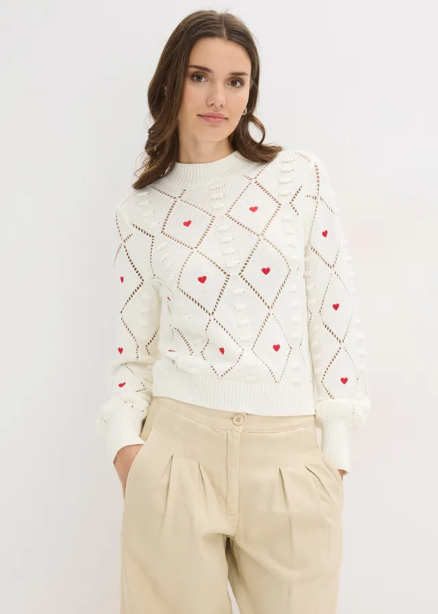 Pull ajouré, Couleur: écru-rouge imprimé