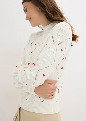 Ajour trui in een katoenmix • wolwit-rood • bonprix online shop