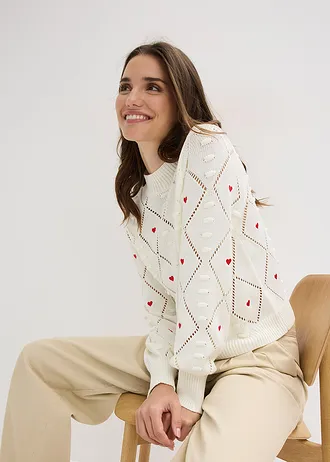 Ajour trui in een katoenmix • wolwit-rood • bonprix online shop