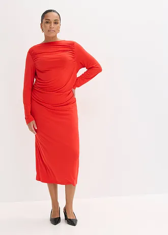 Jersey midi jurk, Kleur: aardbeirood