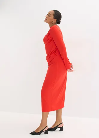 Jersey midi jurk, Kleur: aardbeirood