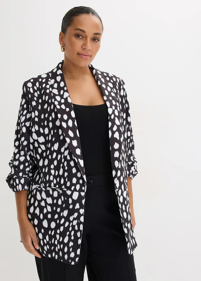 Lange blazer van zachte scuba, Kleur: zwart met print