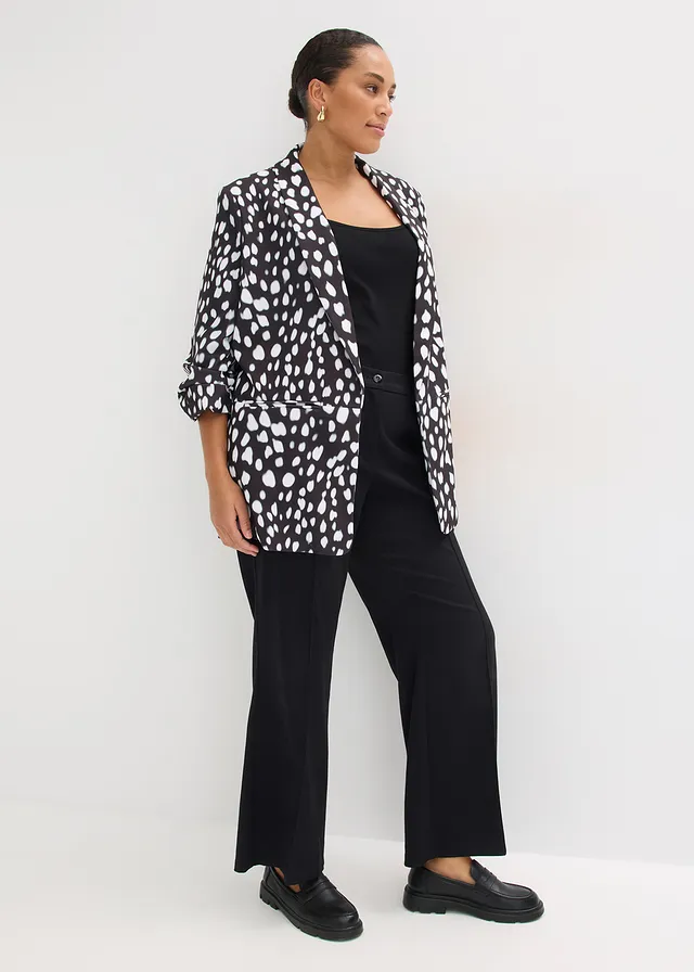 Lange blazer van zachte scuba, Kleur: zwart met print