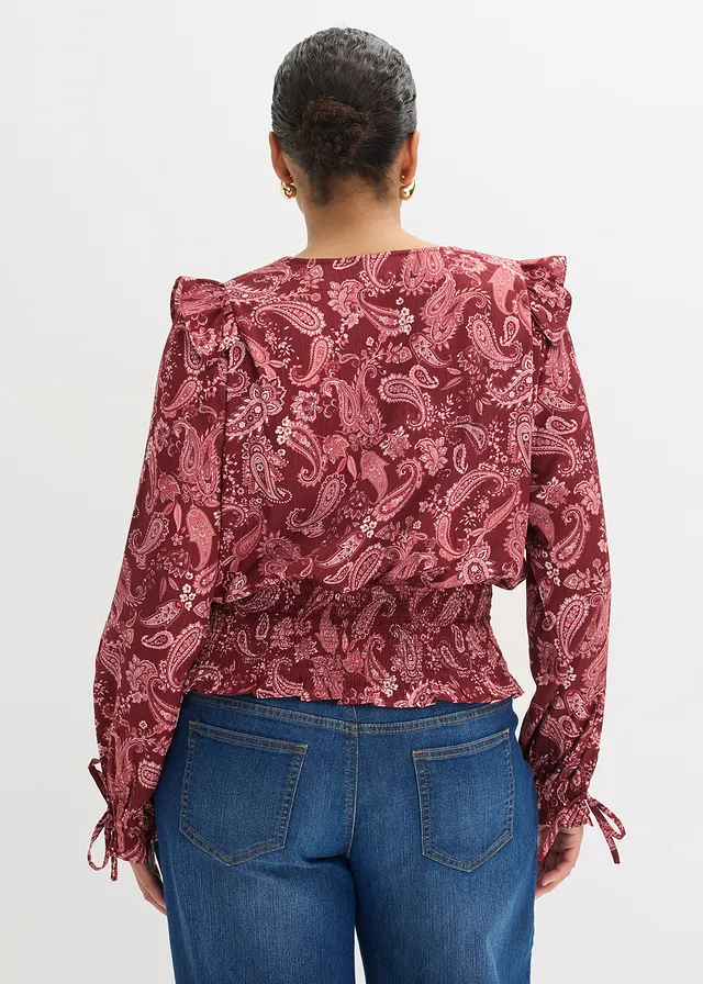 Blouse met volants, gesmokt, Kleur: robijnrood paisley