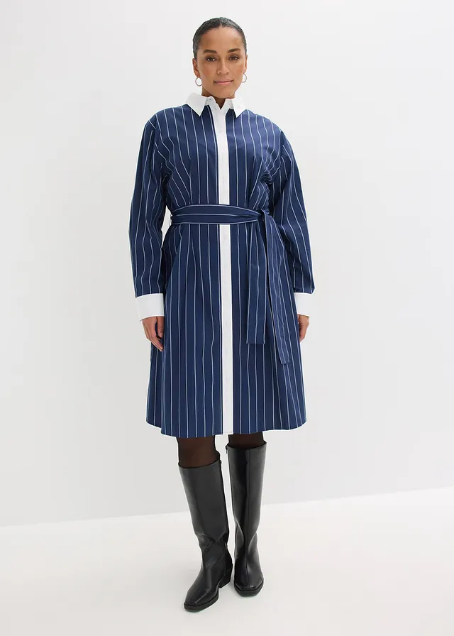 Robe-chemise, Couleur: bleu foncé-blanc rayé