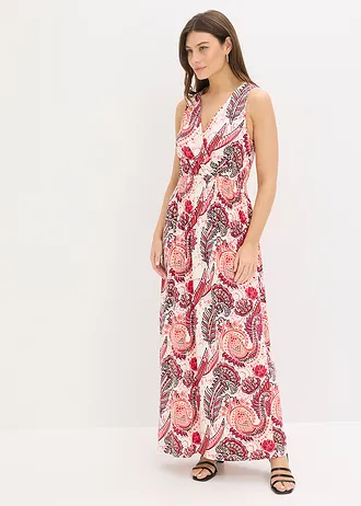 Maxi jurk van een zachte viscosemix, Kleur: wolwit/fuchsia paisley