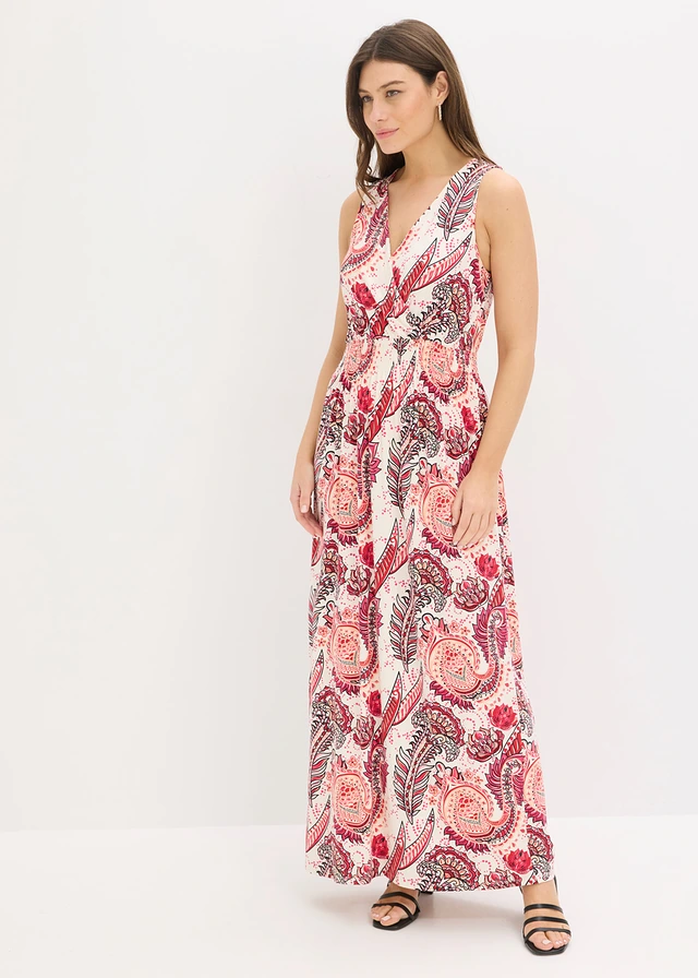 Robe longue en viscose douce et extensible, Couleur: écru-fuchsia paisley