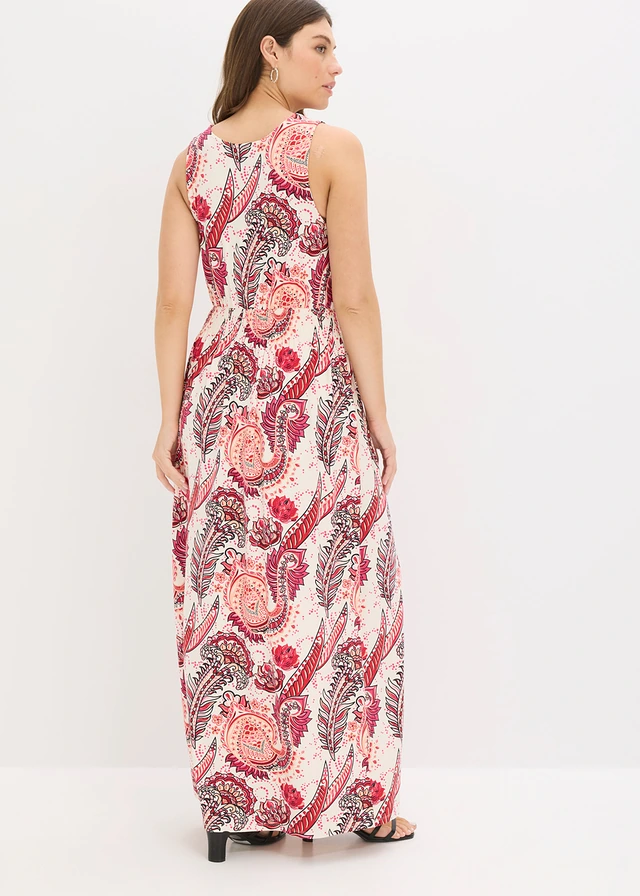 Robe longue en viscose douce et extensible, Couleur: écru-fuchsia paisley