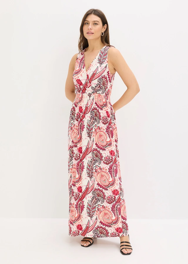 Robe longue en viscose douce et extensible, Couleur: écru-fuchsia paisley