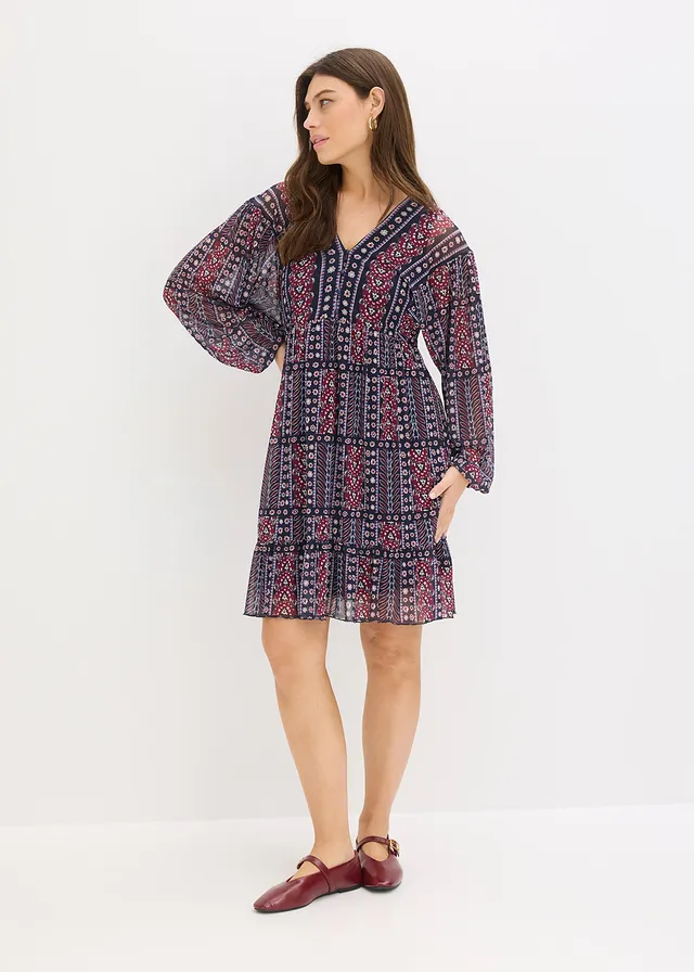 Rochie-tunică din mesh moale, culoare: bleumarin-roșu-bordo