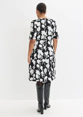 Jersey jurk met drapering in een zachte viscosemix, Kleur: zwart gebloemd