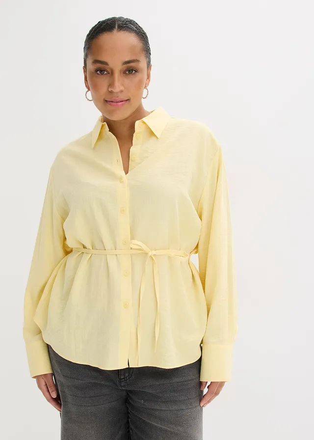 Overhemdblouse van een soepele viscosemix, Kleur: lichtgeel
