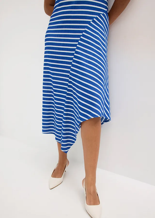 Maxi jurk met asymmetrische zoom • arctisch blauw-wit gestreept plus size • product-page.page-title-suffix