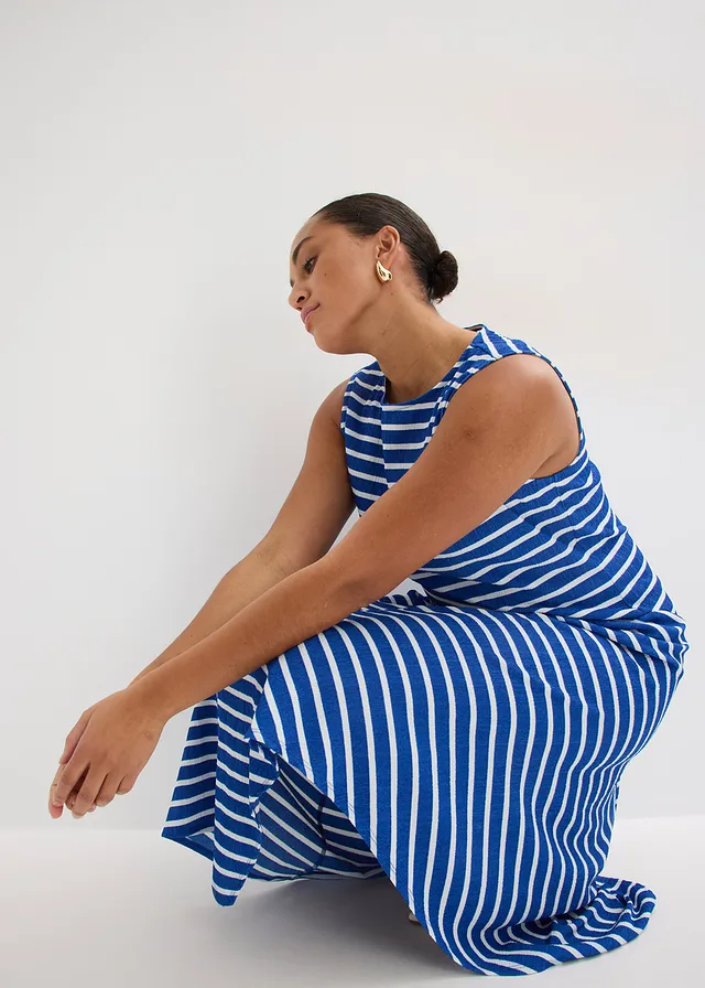 Maxi jurk met asymmetrische zoom • arctisch blauw-wit gestreept plus size • product-page.page-title-suffix