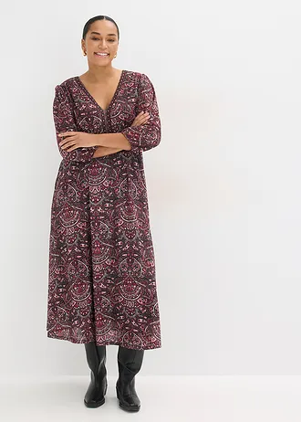 Robe en jersey avec col V, Couleur: noir/prune