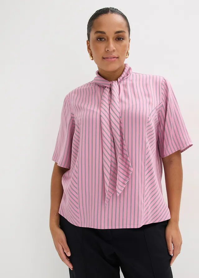 Blouse met strik van soft modal, Kleur: mauve-donkerblauw-wit gestreept