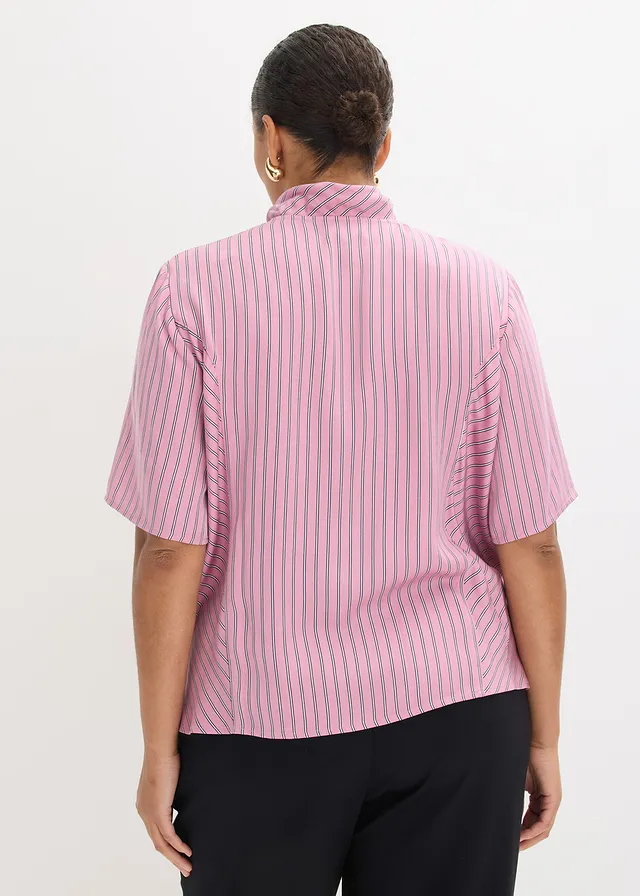 Blouse met strik van soft modal, Kleur: mauve-donkerblauw-wit gestreept