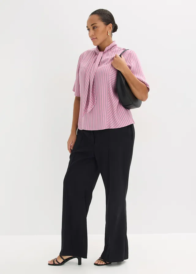 Blouse à lavallière en modal doux, Couleur: mauve-bleu foncé-blanc rayé