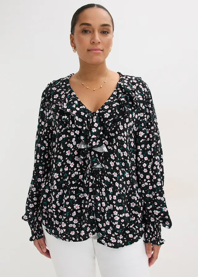Tuniek in een fijne viscosemix, Kleur: zwart gebloemd
