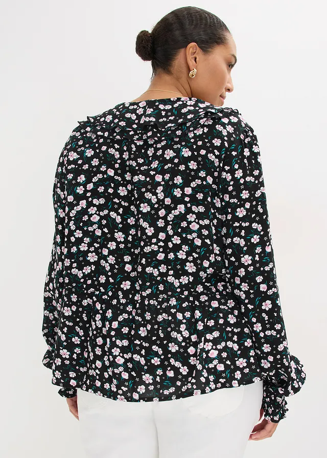 Tuniek in een fijne viscosemix, Kleur: zwart gebloemd
