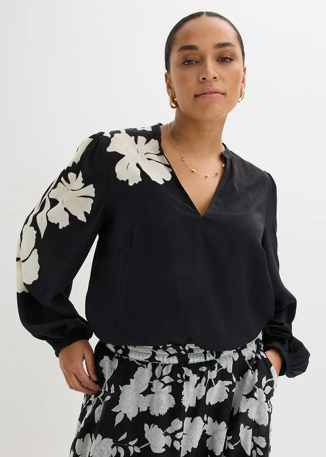 Blouse en satin fluide, Couleur: noir floral