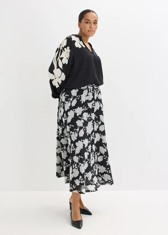 Tuniekblouse van soepel satijn, Kleur: zwart gebloemd