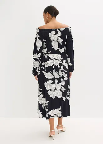 Carmen jurk in een zachte viscosemix, Kleur: zwart gebloemd