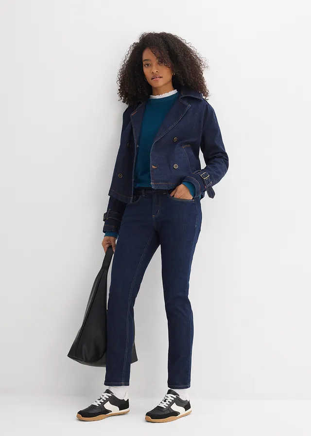 Slim fit jeans, mid waist, biologisch katoen, Kleur: donkerblauw denim used