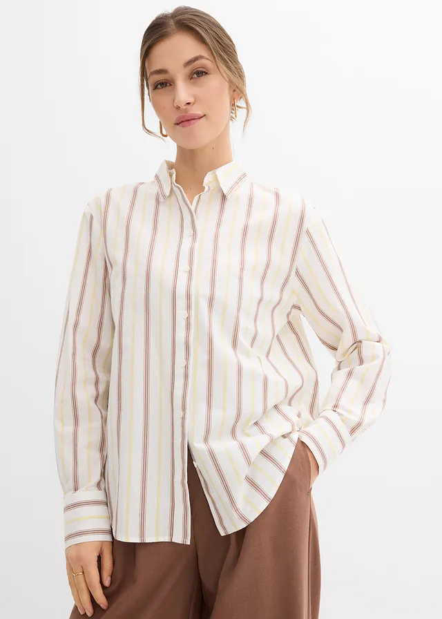 Overhemdblouse van katoen, Kleur: lichtgeel verticaal gestreept