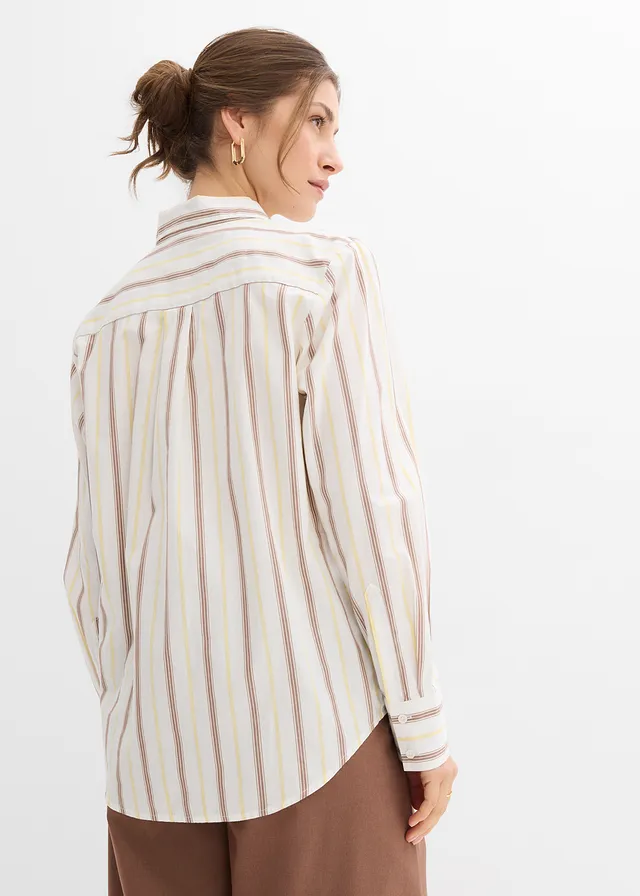 Overhemdblouse van katoen, Kleur: lichtgeel verticaal gestreept