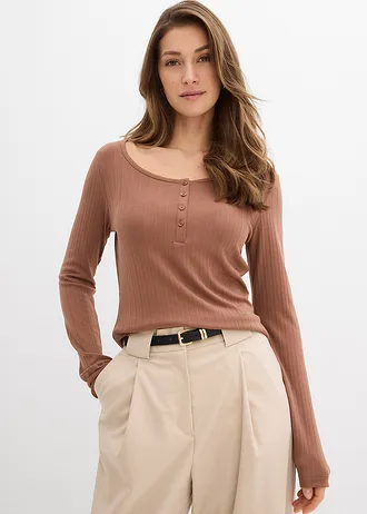 T-shirt manches longues côtelé, Couleur: marron