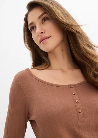 Bluzka z długim rękawem z prążkowanej tkaniny • brązowy kasztanowy • sklep bonprix