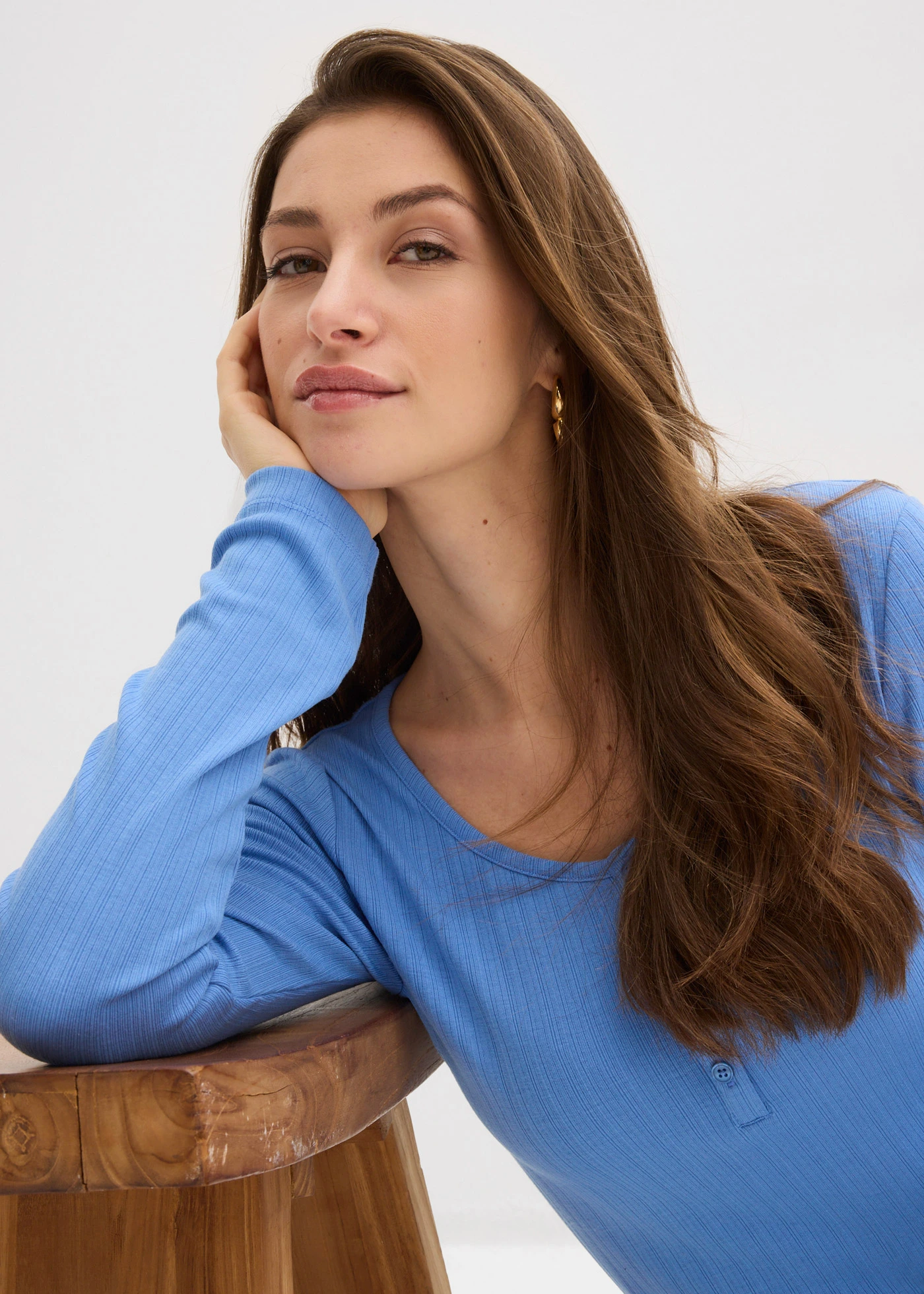 Geribde longsleeve • middenblauw • bonprix online shop