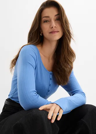Geribde longsleeve • middenblauw • bonprix online shop